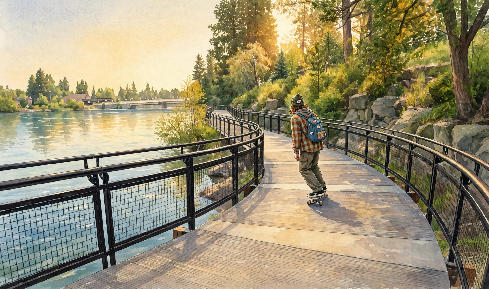 Skater on the Deschutes River boardwalk