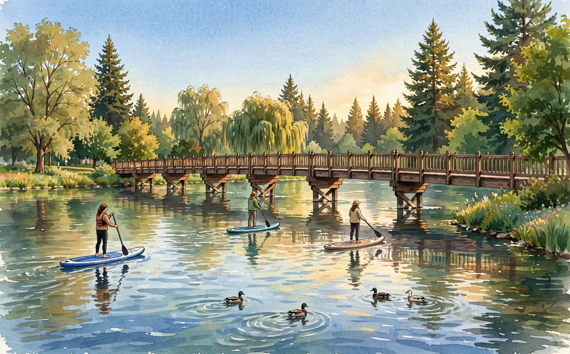 Paddleboarders under the Drake Park footbridge